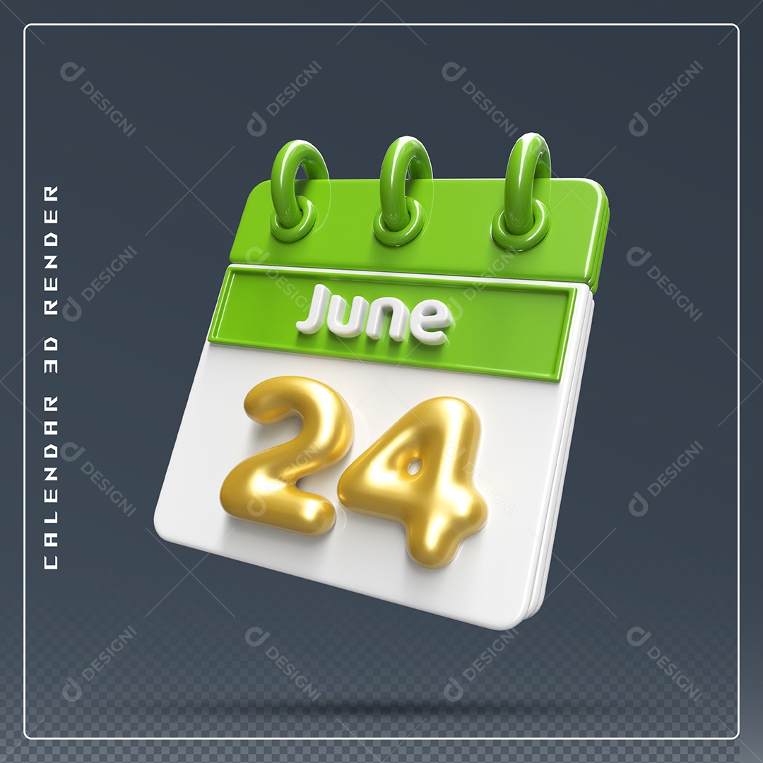 Calendário Do mês Junho Dia 24 Elemento 3D Verde Dourado E Branco Para Composição PSD
