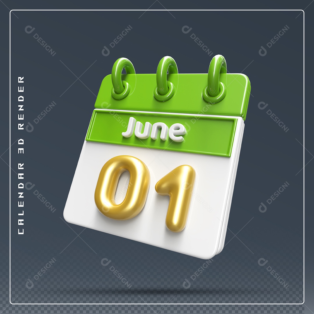 Calendário Do mês Junho Dia 01 Elemento 3D Verde Dourado E Branco Para Composição PSD