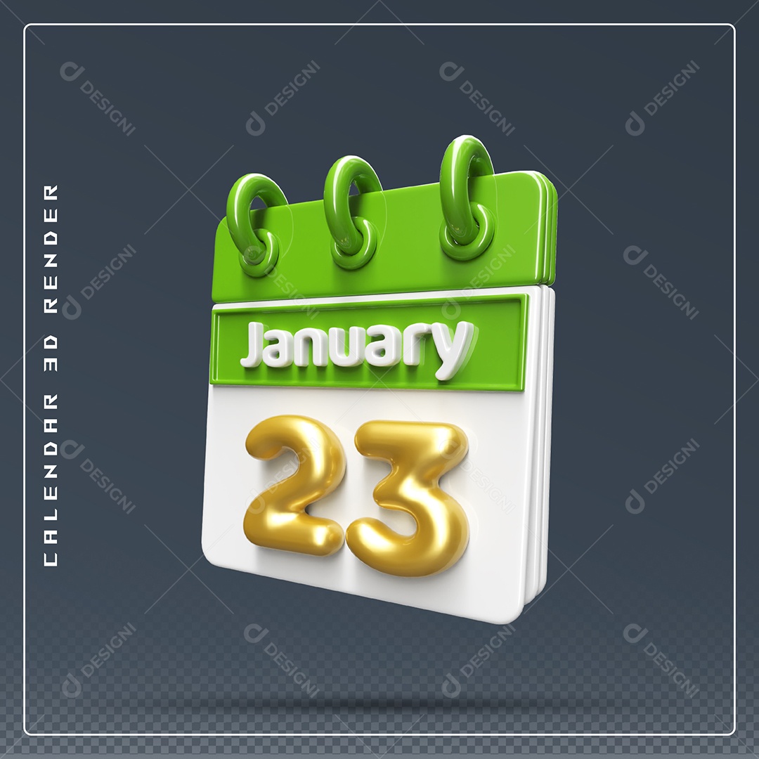 Calendário Do mês Janeiro Dia 23 Elemento 3D Verde Dourado E Branco Para Composição PSD