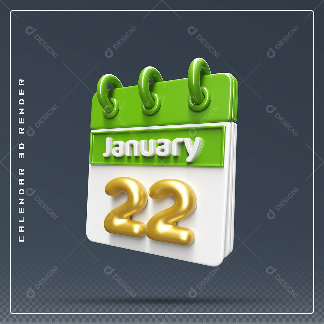 Calendário Do mês Janeiro Dia 22 Elemento 3D Verde Dourado E Branco Para Composição PSD