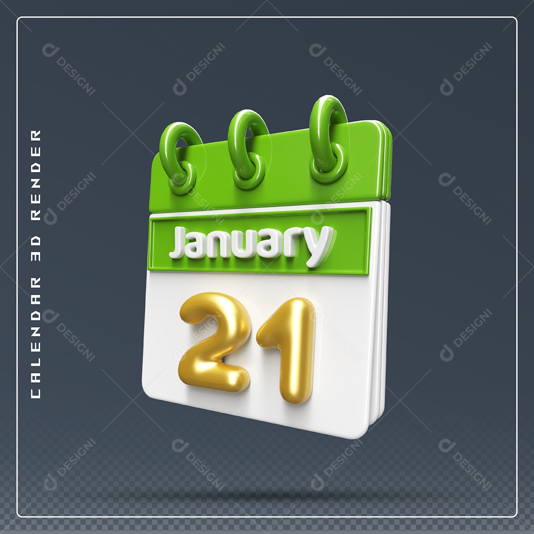 Calendário Do mês Janeiro Dia 21 Elemento 3D Verde Dourado E Branco Para Composição PSD