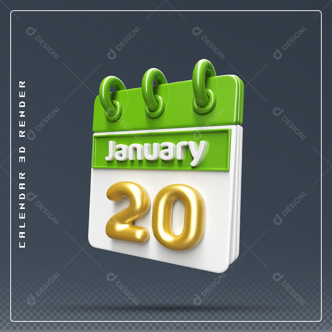 Calendário Do mês Janeiro Dia 20 Elemento 3D Verde Dourado E Branco Para Composição PSD