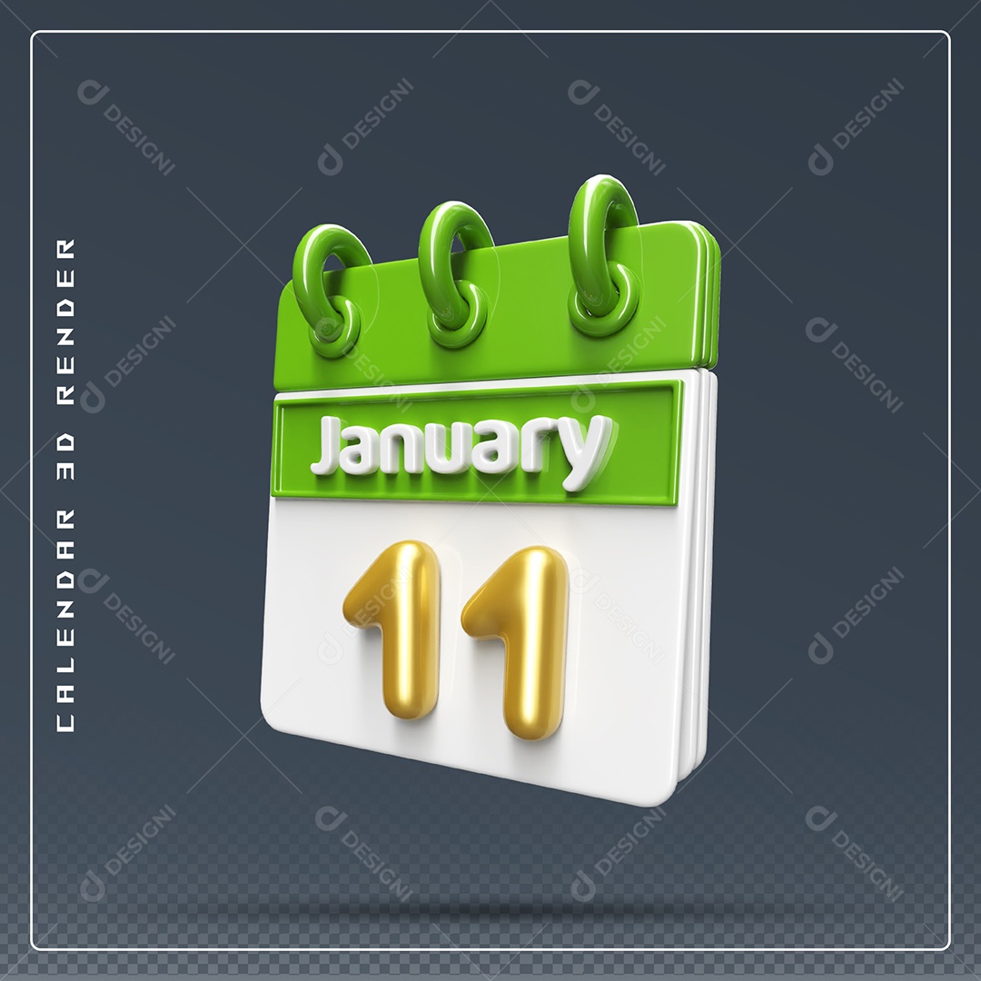 Calendário Do mês Janeiro Dia 11 Elemento 3D Verde Dourado E Branco Para Composição PSD