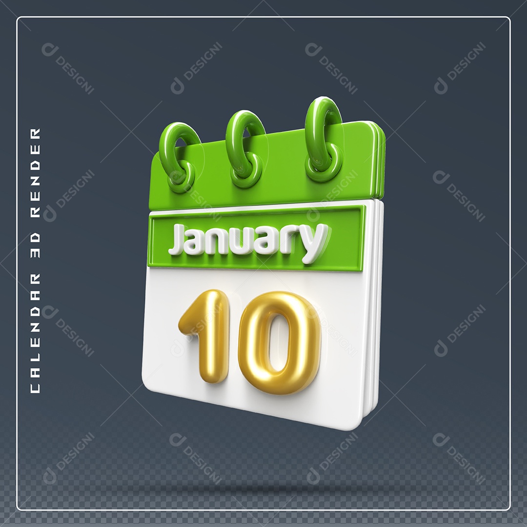 Calendário Do mês Janeiro Dia 10 Elemento 3D Verde Dourado E Branco Para Composição PSD