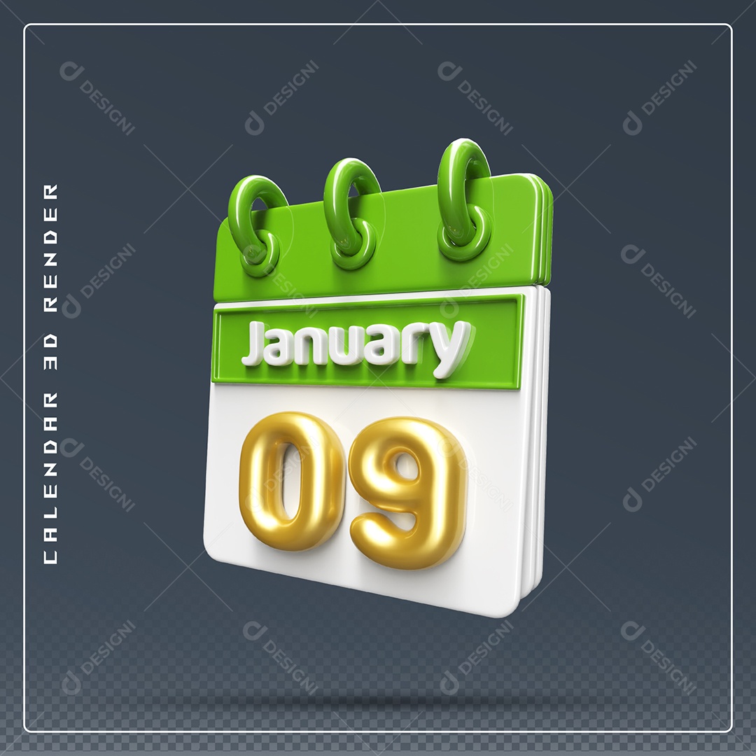 Calendário Do mês Janeiro Dia 09 Elemento 3D Verde Dourado E Branco Para Composição PSD