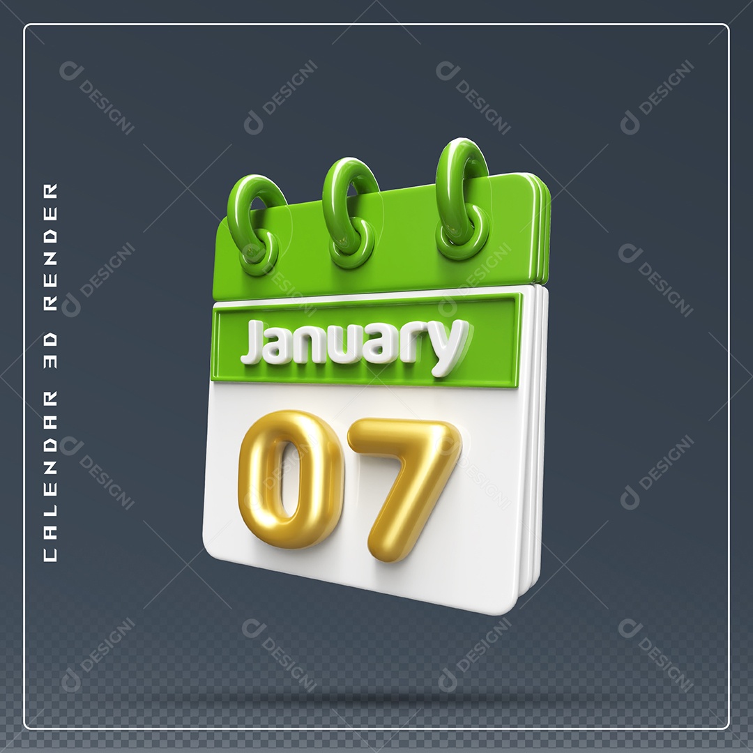 Calendário Do mês Janeiro Dia 07 Elemento 3D Verde Dourado E Branco Para Composição PSD