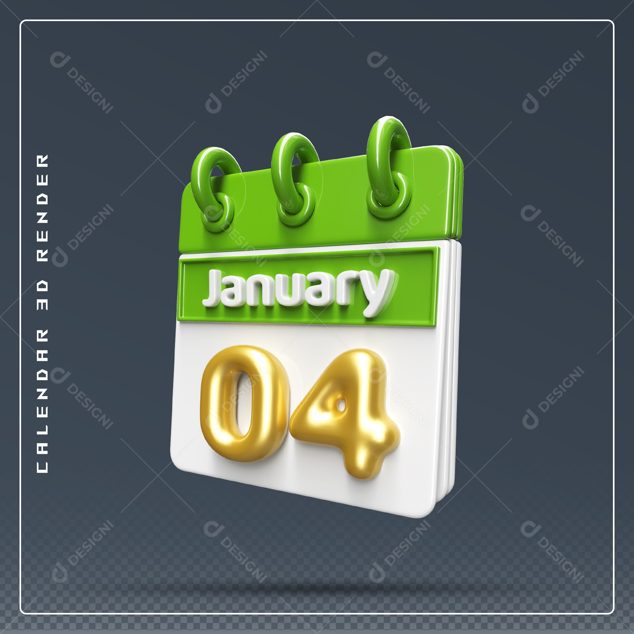 Calendário Do mês Janeiro Dia 04 Elemento 3D Verde Dourado E Branco Para Composição PSD