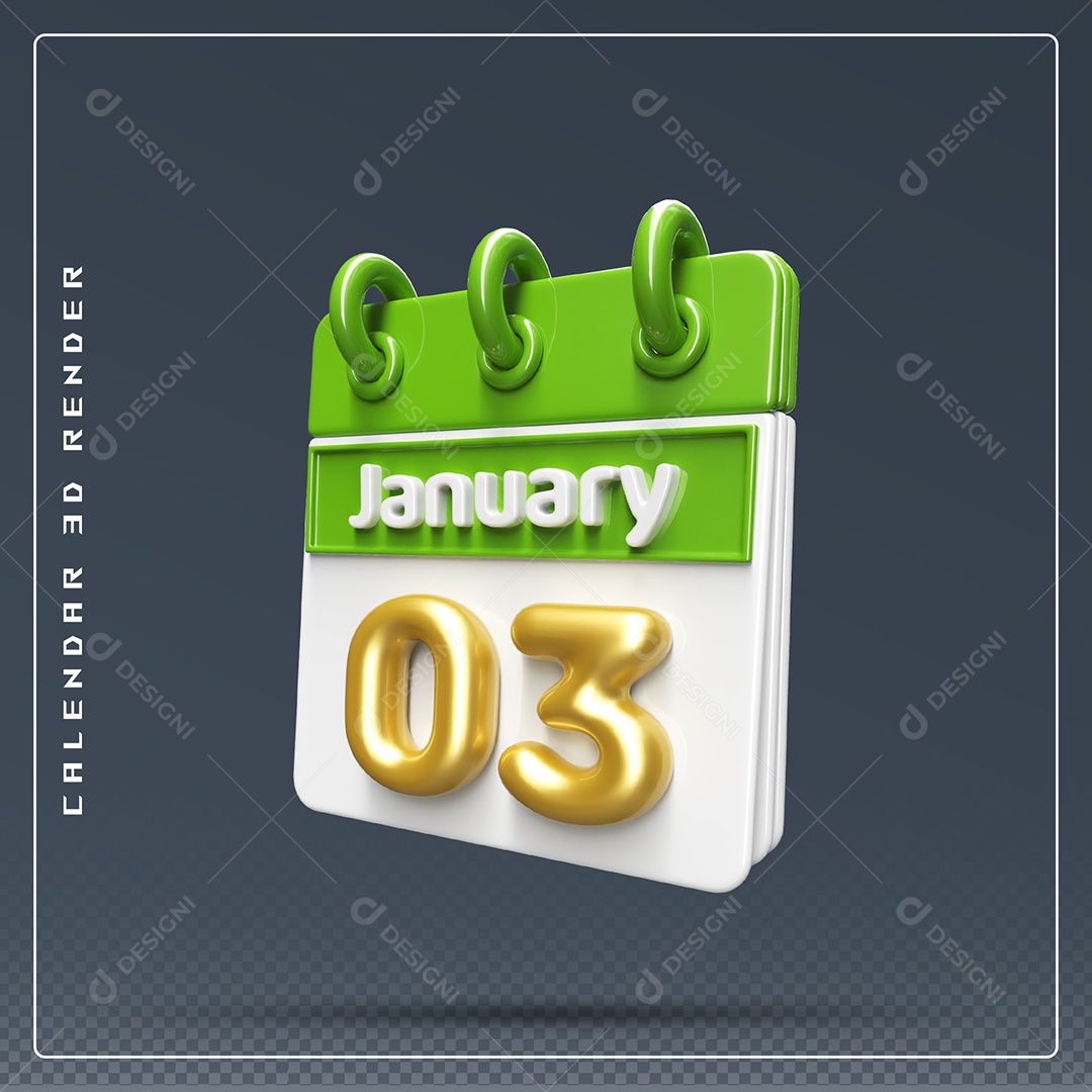 Calendário Do mês Janeiro Dia 03 Elemento 3D Verde Dourado E Branco Para Composição PSD