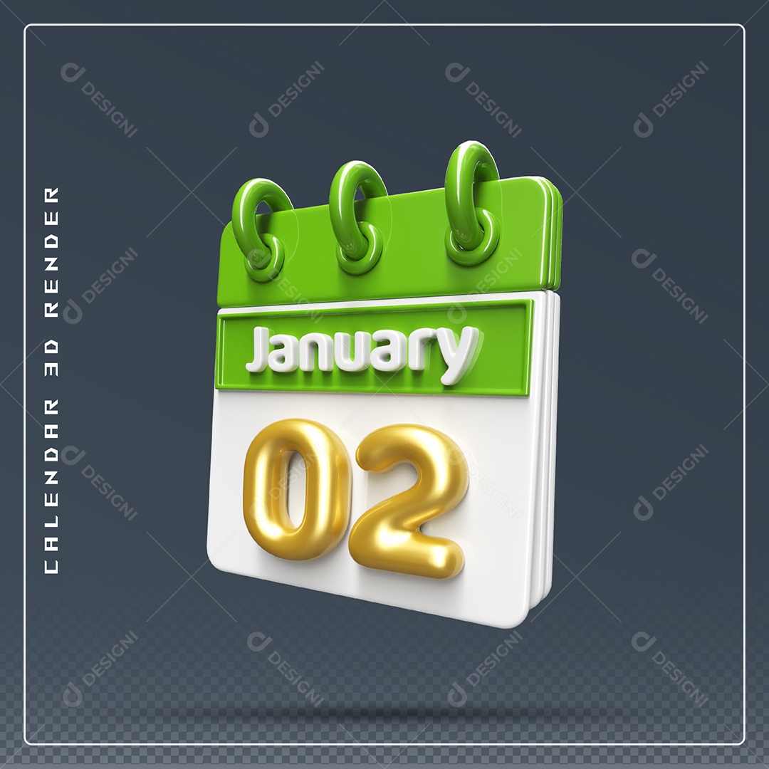 Calendário Do mês Janeiro Dia 02 Elemento 3D Verde Dourado E Branco Para Composição PSD