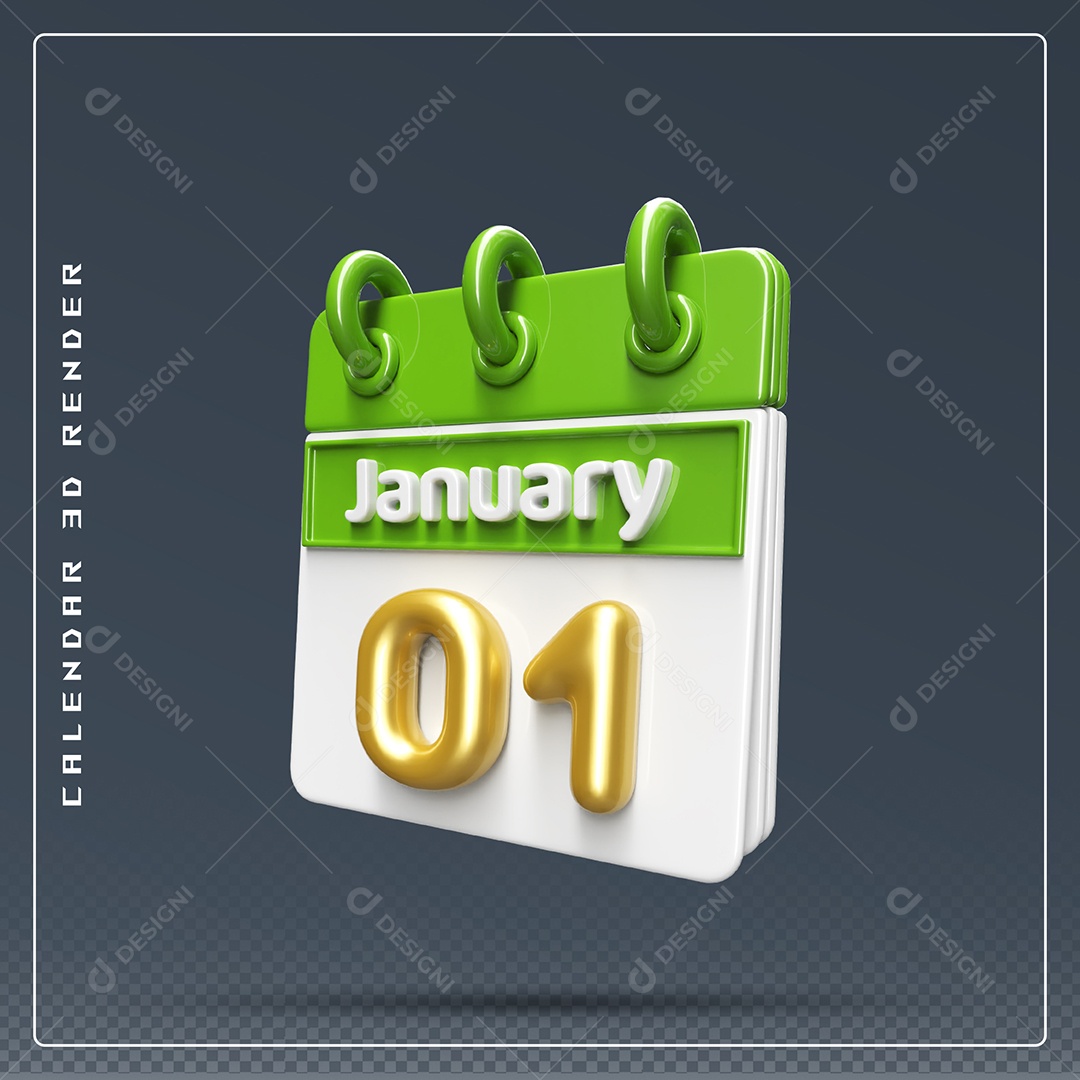 Calendário Do mês Janeiro Dia 01 Elemento 3D Verde Dourado E Branco Para Composição PSD
