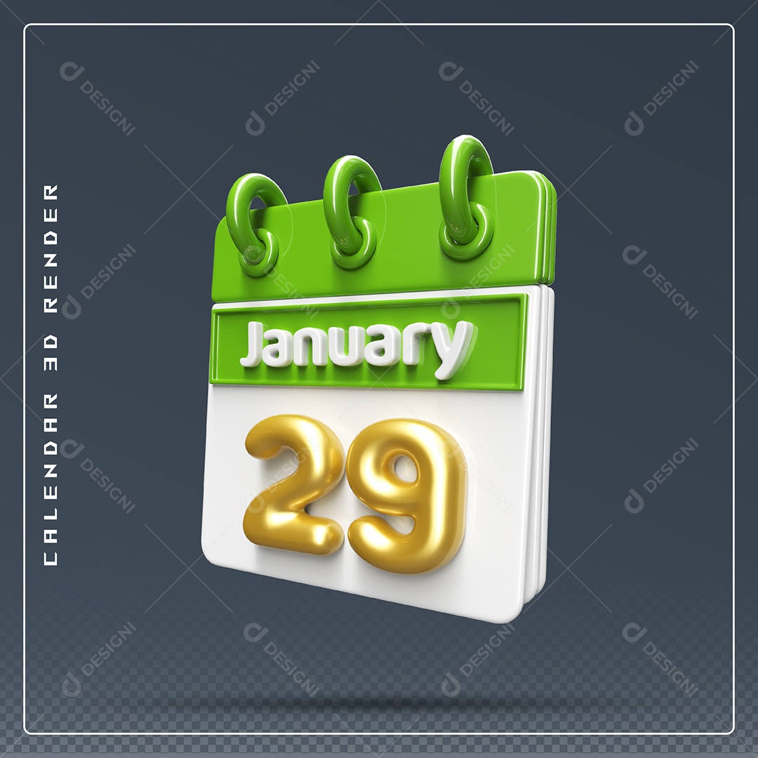 Calendário Do mês Janeiro Dia 29 Elemento 3D Verde Dourado E Branco Para Composição PSD