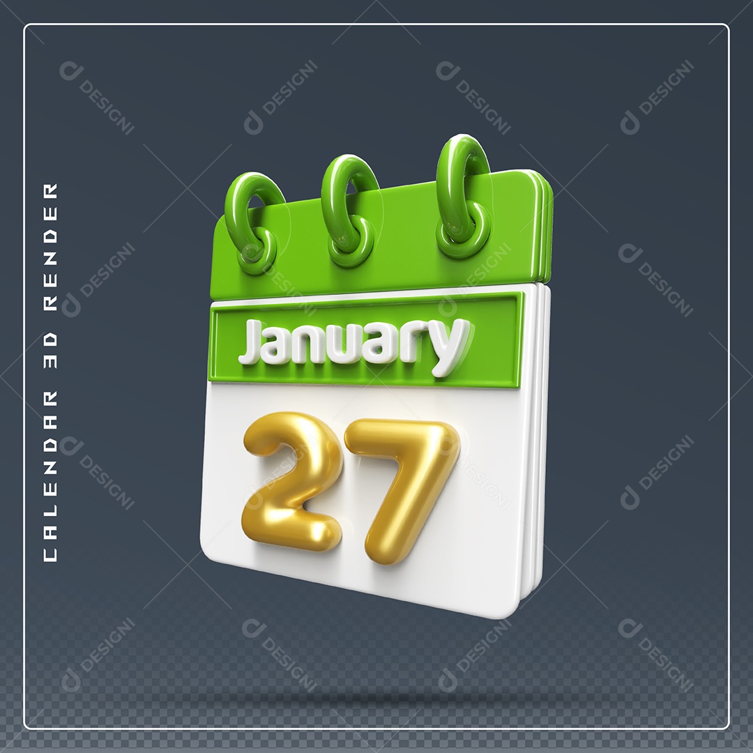 Calendário Do mês Janeiro Dia 27 Elemento 3D Verde Dourado E Branco Para Composição PSD