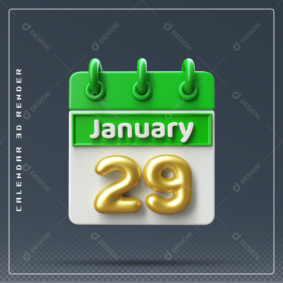 Calendário Do mês Janeiro Dia 29 Elemento 3D Verde Dourado E Branco Para Composição PSD