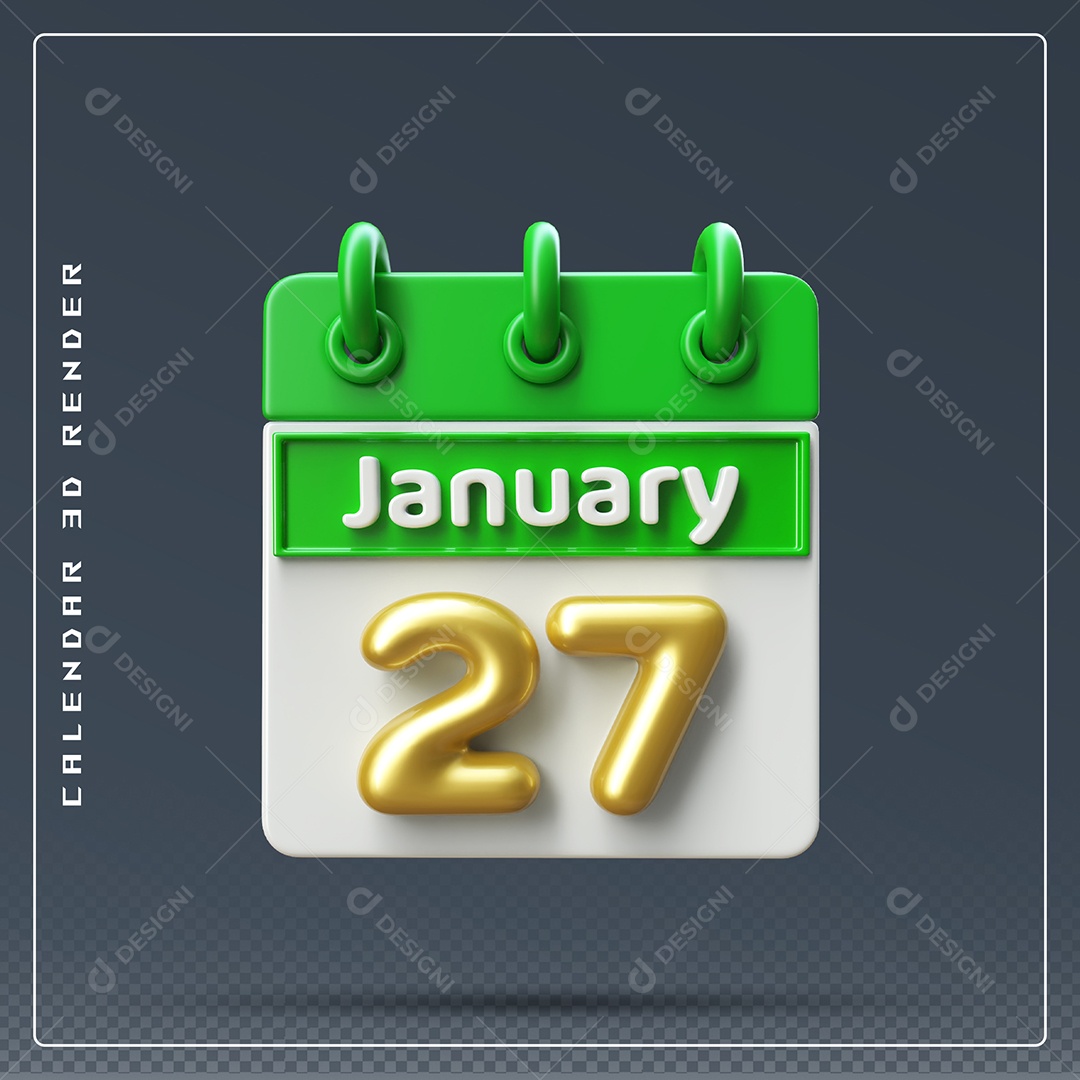 Calendário Do mês Janeiro Dia 27 Elemento 3D Verde Dourado E Branco Para Composição PSD