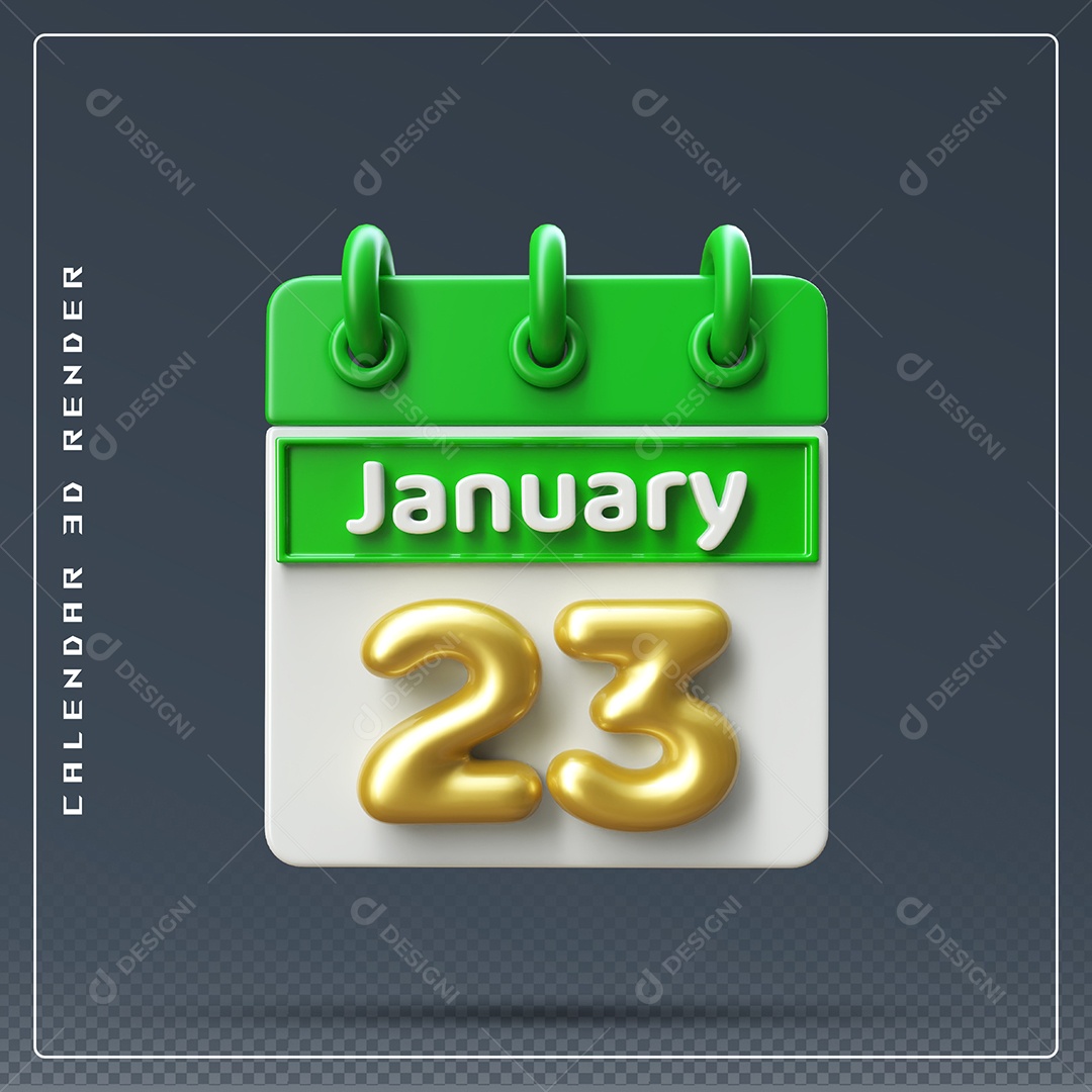 Calendário Do mês Janeiro Dia 23 Elemento 3D Verde Dourado E Branco Para Composição PSD