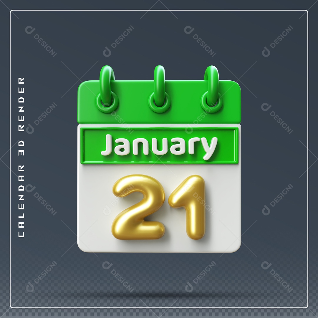 Calendário Do mês Janeiro Dia 21 Elemento 3D Verde Dourado E Branco Para Composição PSD