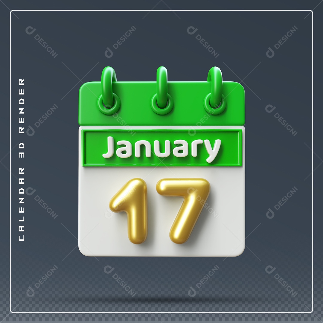 Calendário Do mês Janeiro Dia 17 Elemento 3D Verde Dourado E Branco Para Composição PSD