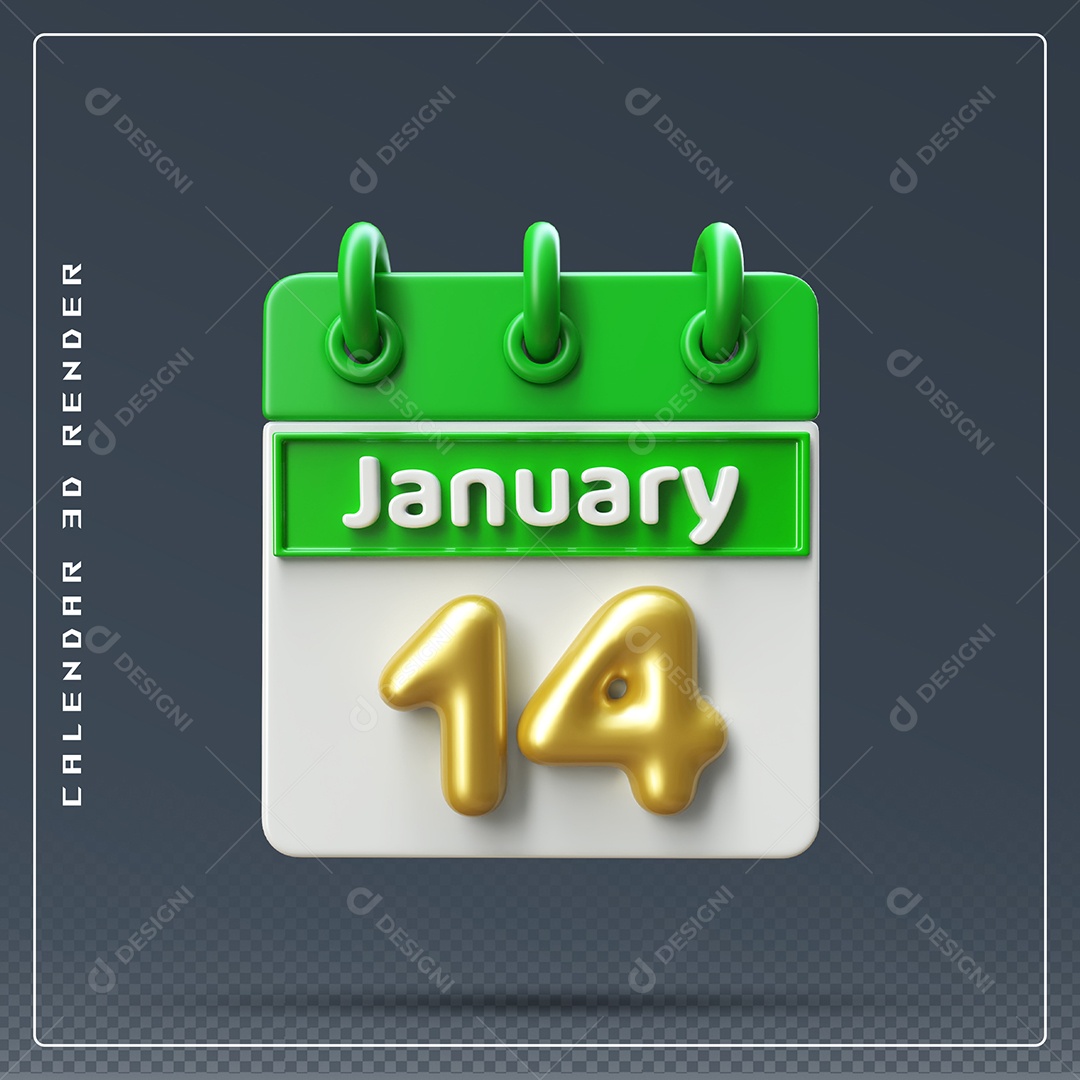 Calendário Do mês Janeiro Dia 14 Elemento 3D Verde Dourado E Branco Para Composição PSD