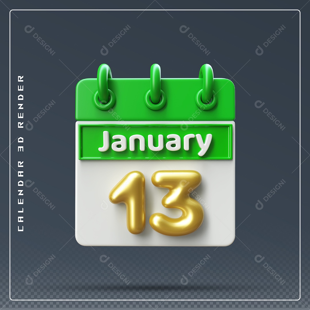 Calendário Do mês Janeiro Dia 13 Elemento 3D Verde Dourado E Branco Para Composição PSD