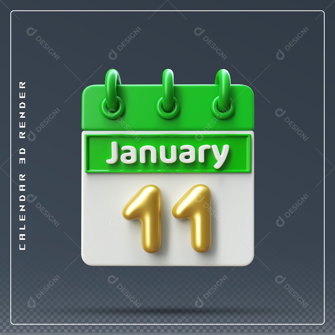 Calendário Do mês Janeiro Dia 11 Elemento 3D Verde Dourado E Branco Para Composição PSD