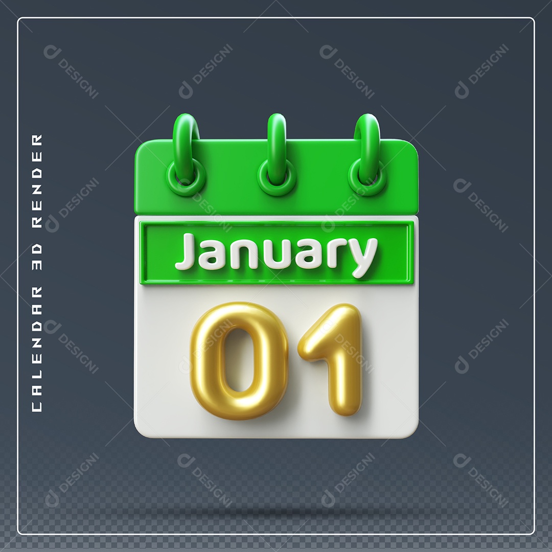 Calendário Do mês Janeiro Dia 01 Elemento 3D Verde Dourado E Branco Para Composição PSD