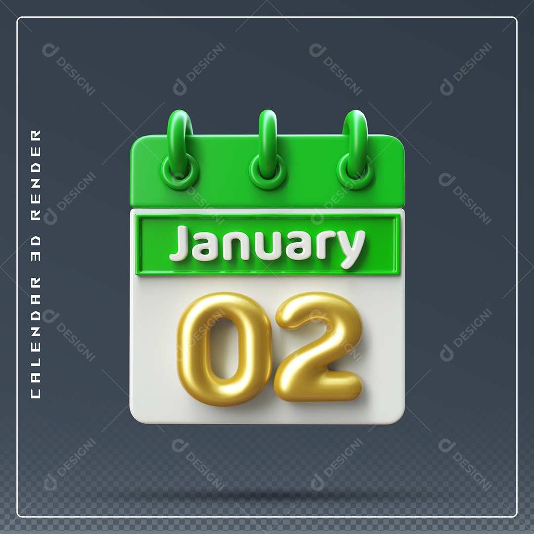 Calendário Do mês Janeiro Dia 02 Elemento 3D Verde Dourado E Branco Para Composição PSD