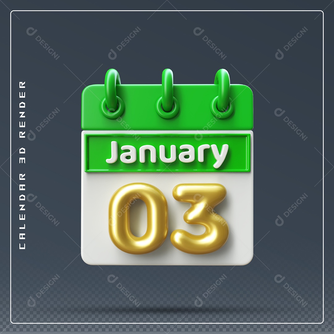 Calendário Do mês Janeiro Dia 03 Elemento 3D Verde Dourado E Branco Para Composição PSD