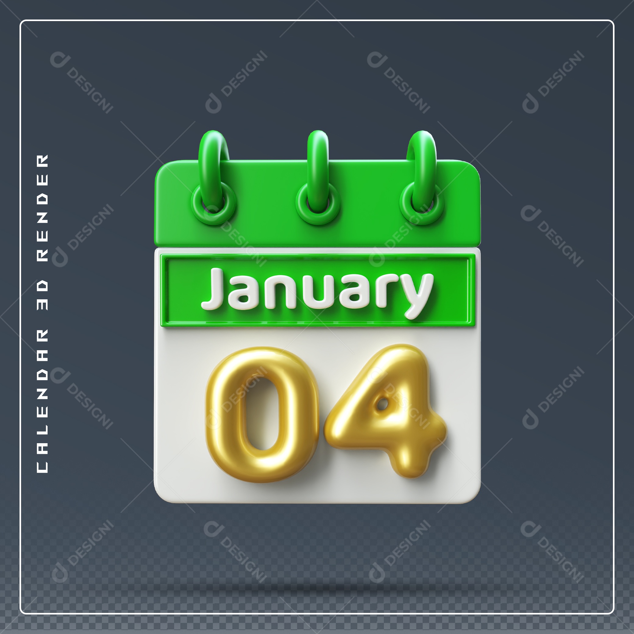 Calendário Do mês Janeiro Dia 04 Elemento 3D Verde Dourado E Branco Para Composição PSD