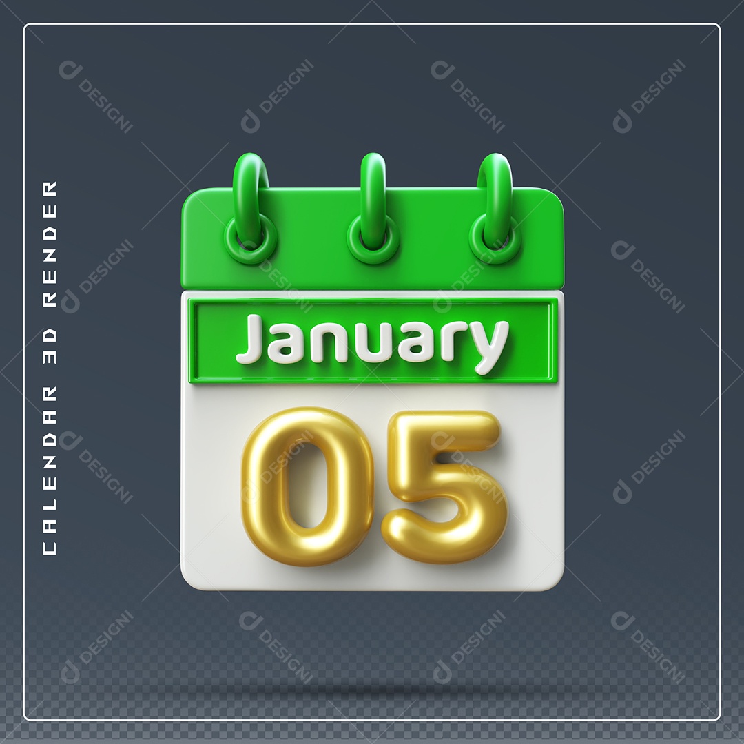 Calendário Do mês Janeiro Dia 05 Elemento 3D Verde Dourado E Branco Para Composição PSD
