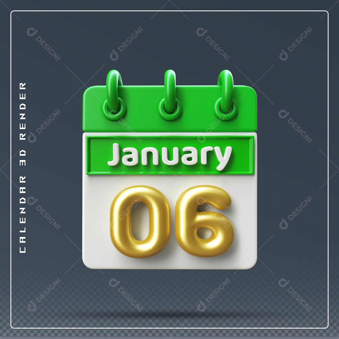 Calendário Do mês Janeiro Dia 06 Elemento 3D Verde Dourado E Branco Para Composição PSD