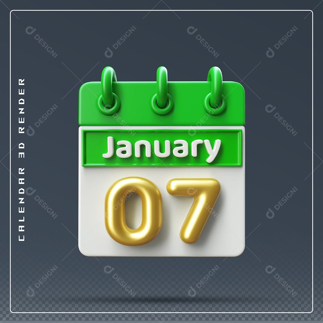 Calendário Do mês Janeiro Dia 07 Elemento 3D Verde Dourado E Branco Para Composição PSD