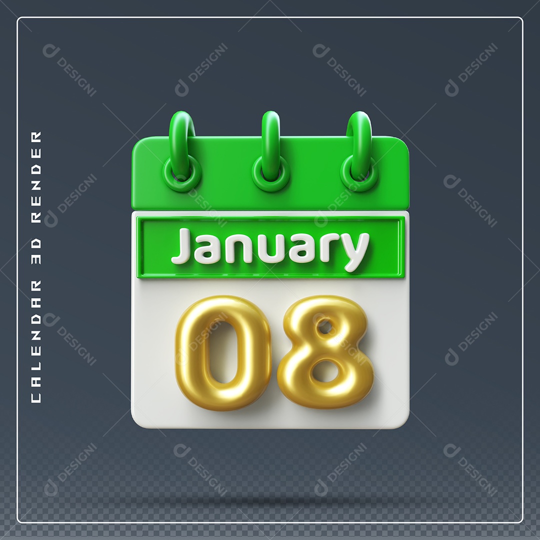 Calendário Do mês Janeiro Dia 08 Elemento 3D Verde Dourado E Branco Para Composição PSD