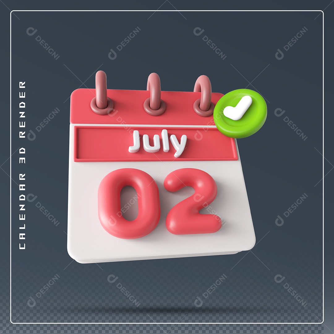 Calendário Do mês Julho Dia 02 Elemento 3D Vermelho E Branco Para Composição PSD