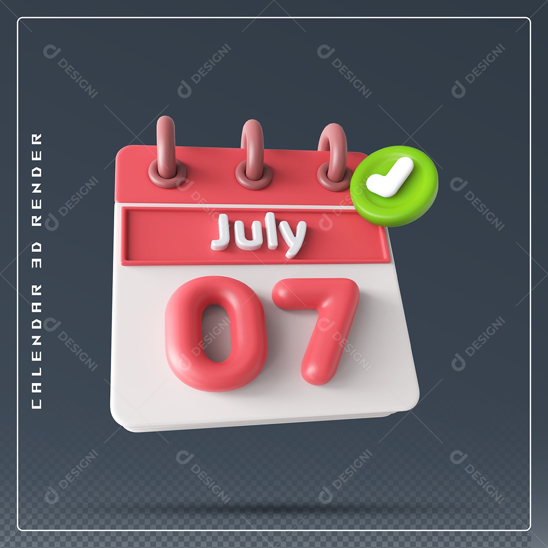 Calendário Do mês Julho Dia 07 Elemento 3D Vermelho E Branco Para Composição PSD