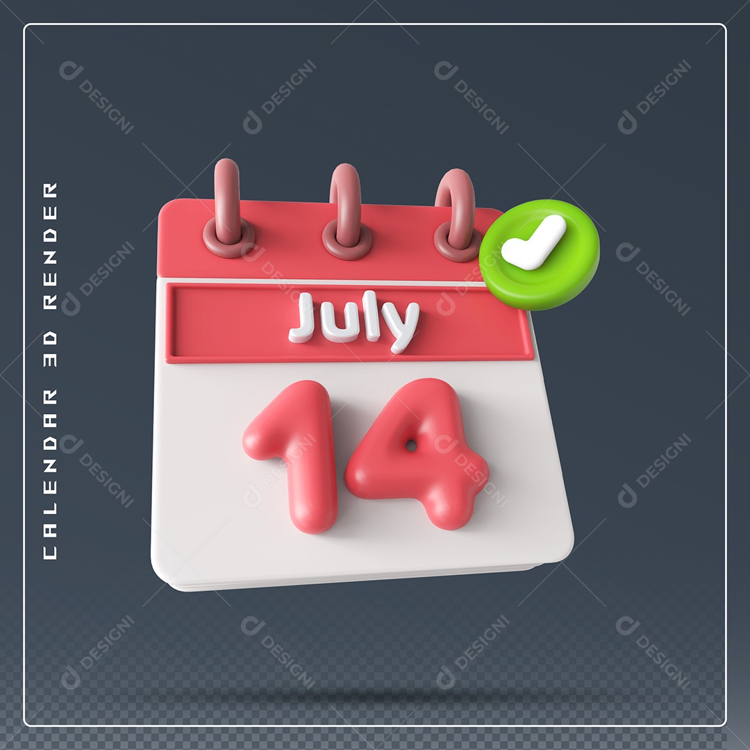 Calendário Do mês Julho Dia 14 Elemento 3D Vermelho E Branco Para Composição PSD