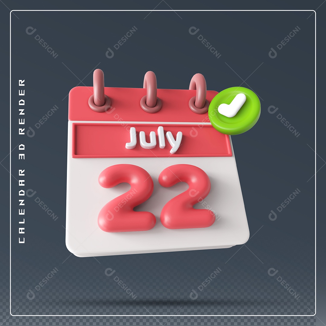 Calendário Do mês Julho Dia 22 Elemento 3D Vermelho E Branco Para Composição PSD