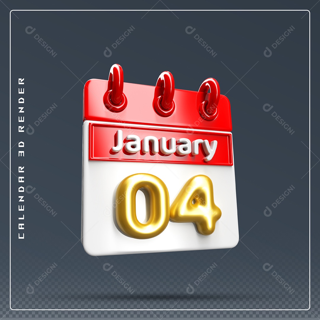 Calendário Do mês Janeiro Dia 04 Elemento 3D Vermelho Dourado E Branco Para Composição PSD
