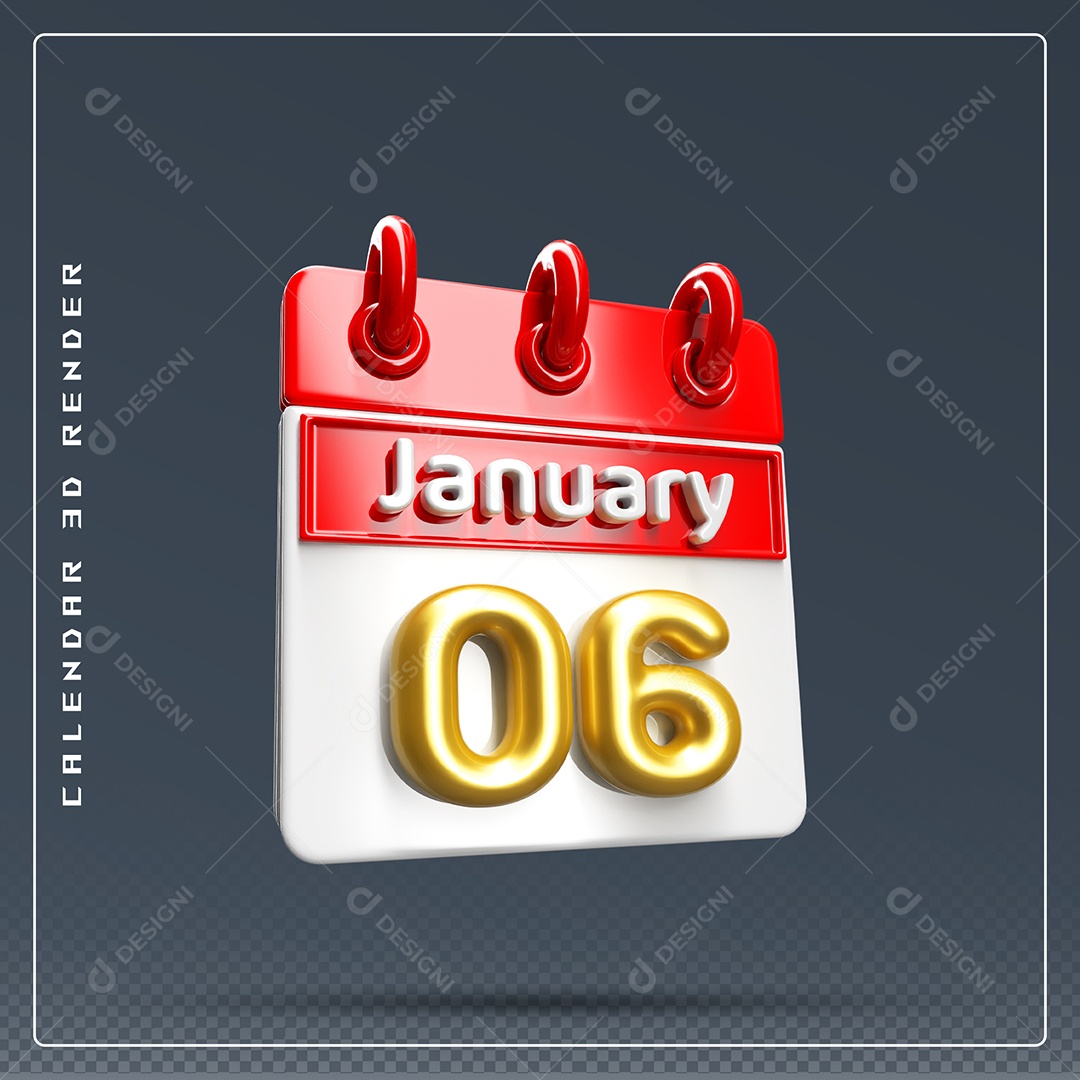 Calendário Do mês Janeiro Dia 06 Elemento 3D Vermelho Dourado E Branco Para Composição PSD