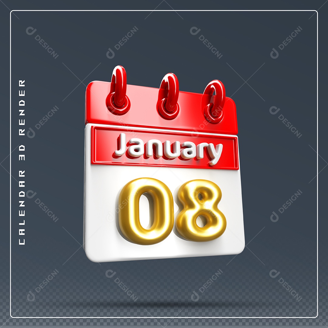 Calendário Do mês Janeiro Dia 08 Elemento 3D Vermelho Dourado E Branco Para Composição PSD
