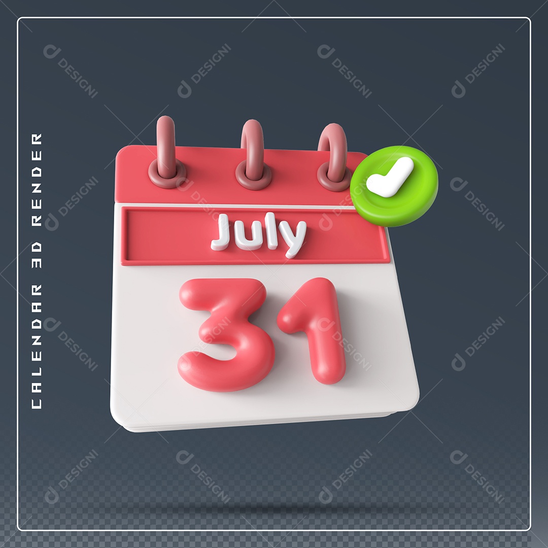 Calendário Do mês Julho Dia 31 Elemento 3D Vermelho E Branco Para Composição PSD
