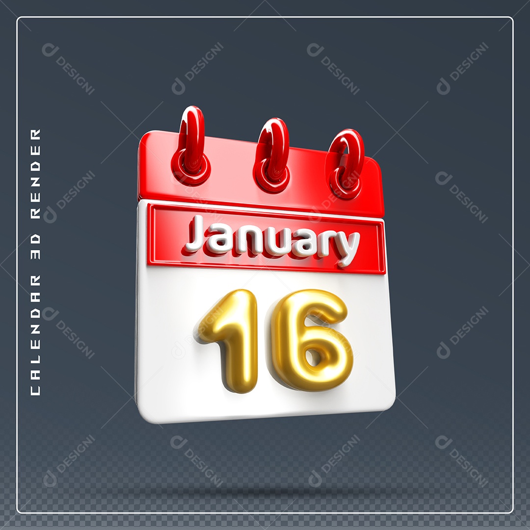 Calendário Do mês Janeiro Dia 16 Elemento 3D Vermelho Dourado E Branco Para Composição PSD