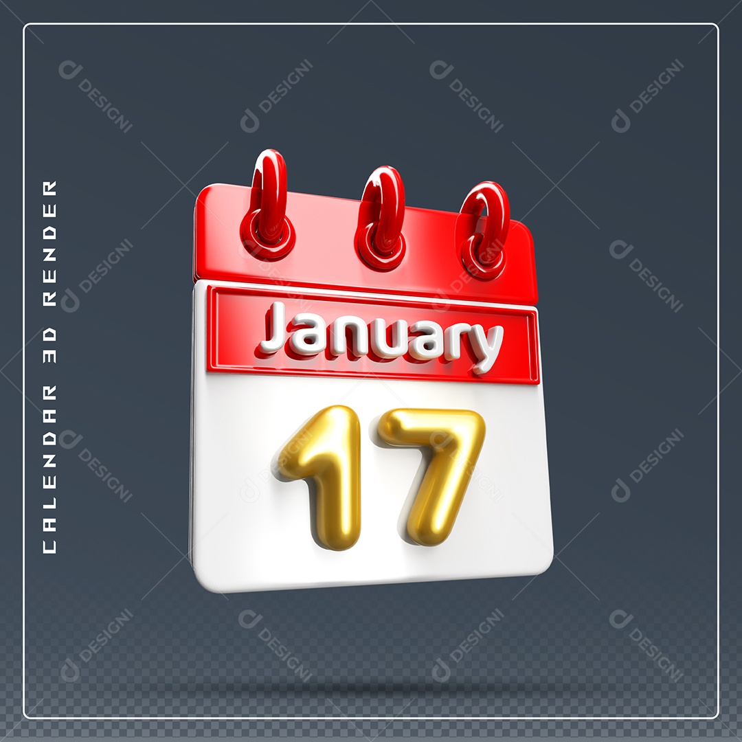Calendário Do mês Janeiro Dia 17 Elemento 3D Vermelho Dourado E Branco Para Composição PSD