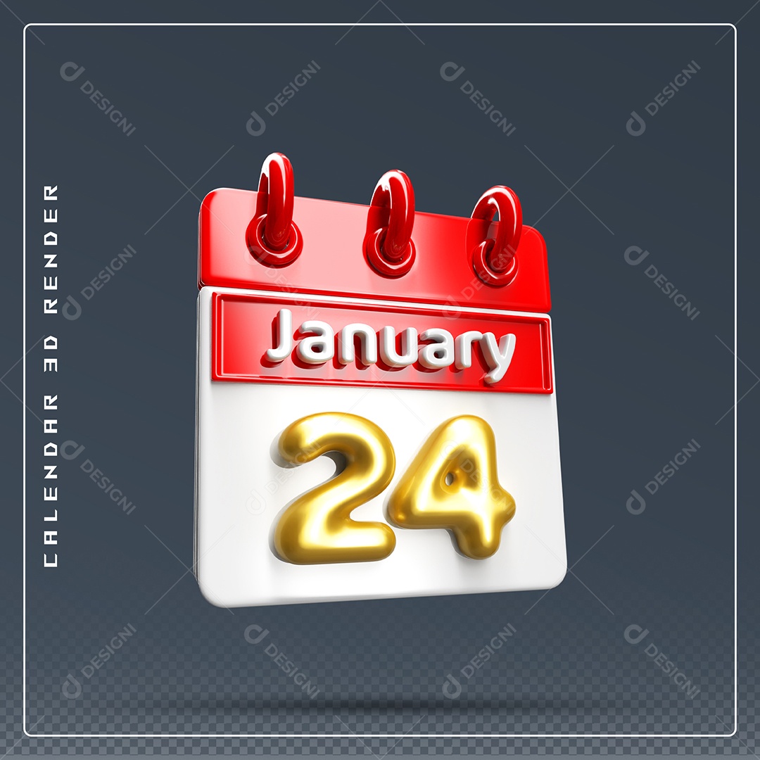 Calendário Do mês Janeiro Dia 24 Elemento 3D Vermelho Dourado E Branco Para Composição PSD