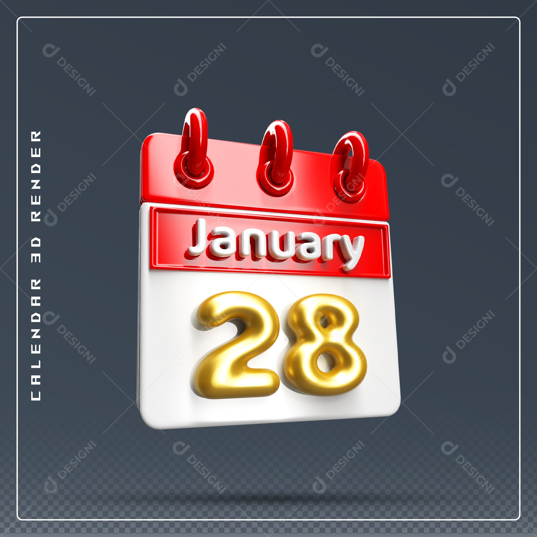 Calendário Do mês Janeiro Dia 28 Elemento 3D Vermelho Dourado E Branco Para Composição PSD