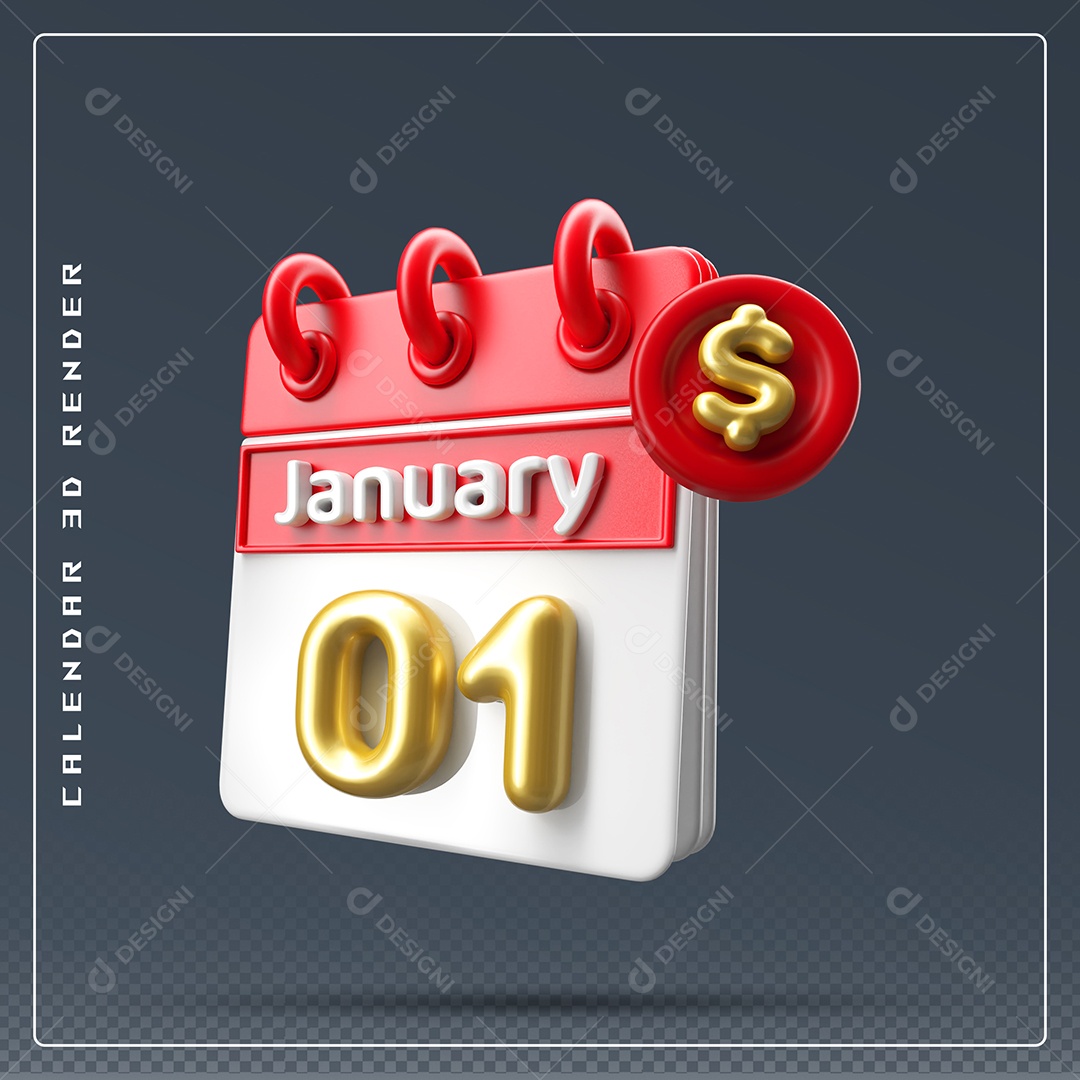 Calendário Do mês Janeiro Dia 01 Elemento 3D Vermelho Dourado E Branco Para Composição PSD