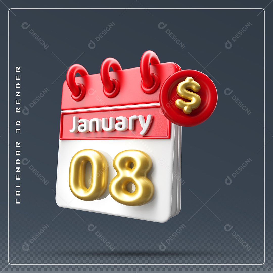 Calendário Do mês Janeiro Dia 08 Elemento 3D Vermelho Dourado E Branco Para Composição PSD