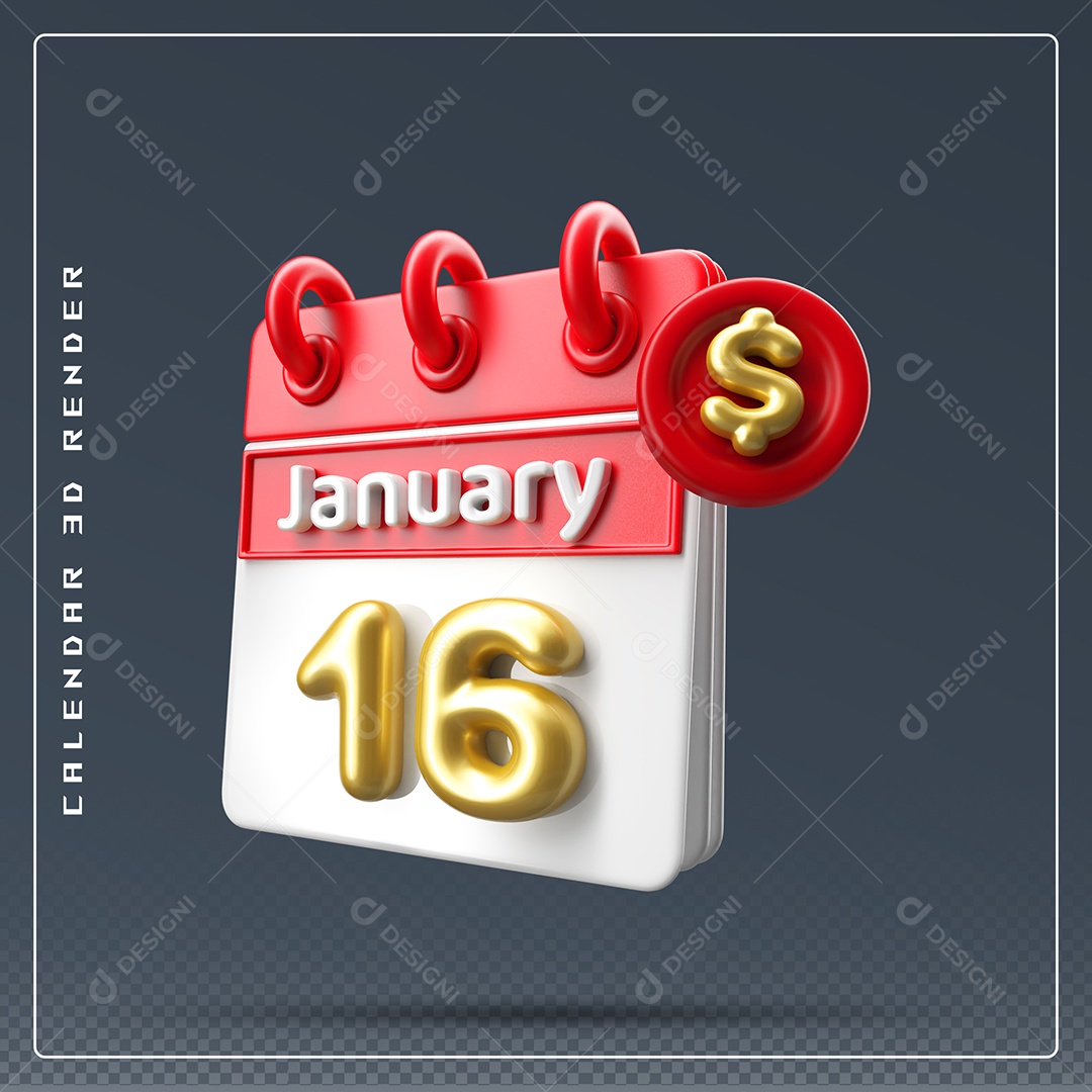 Calendário Do mês Janeiro Dia 16 Elemento 3D Vermelho Dourado E Branco Para Composição PSD