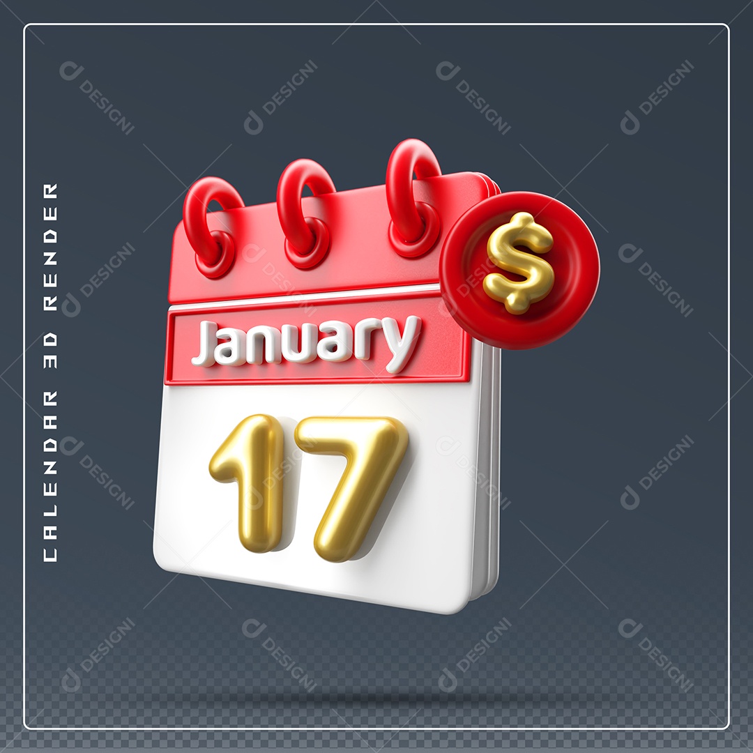 Calendário Do mês Janeiro Dia 01 Elemento 3D Vermelho Dourado E Branco Para Composição PSD