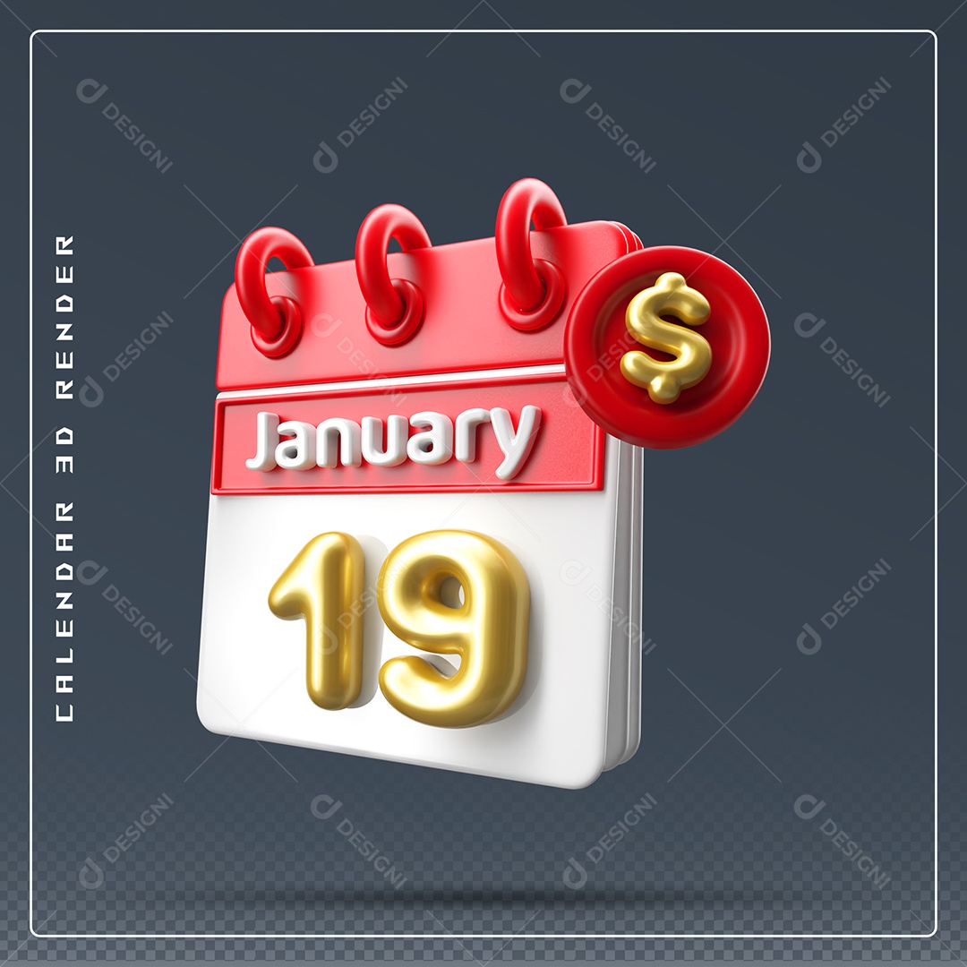 Calendário Do mês Janeiro Dia 19 Elemento 3D Vermelho Dourado E Branco Para Composição PSD