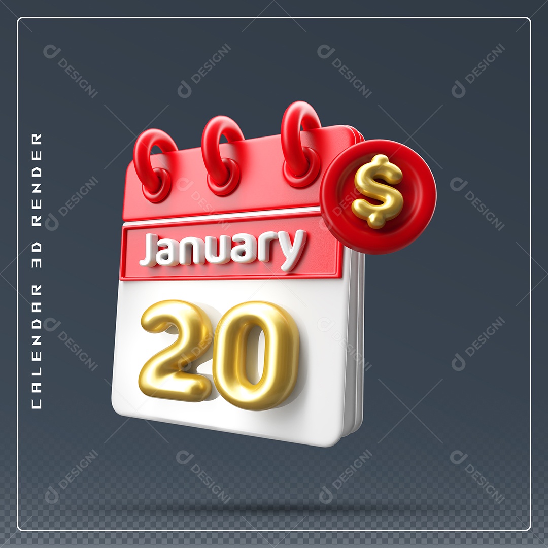 Calendário Do mês Janeiro Dia 20 Elemento 3D Vermelho Dourado E Branco Para Composição PSD